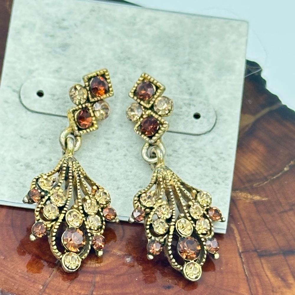 Vintage-Style Gold Drop Pierced Earrings with Amber and Champagne Crystals